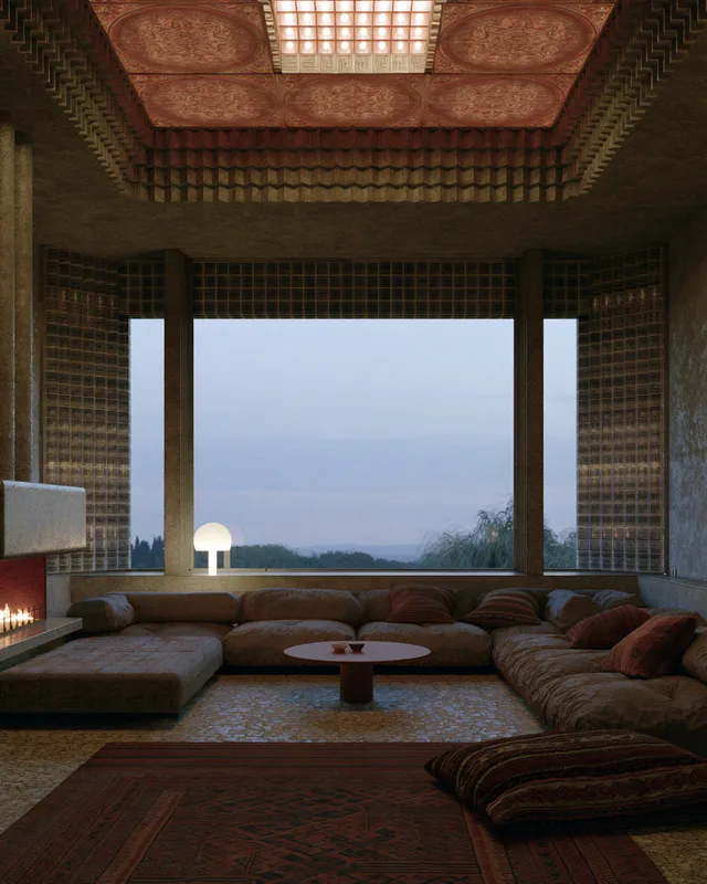 Rooms to Gather, a sunken seating area beneath a patterned ceiling, opening toward the horizon